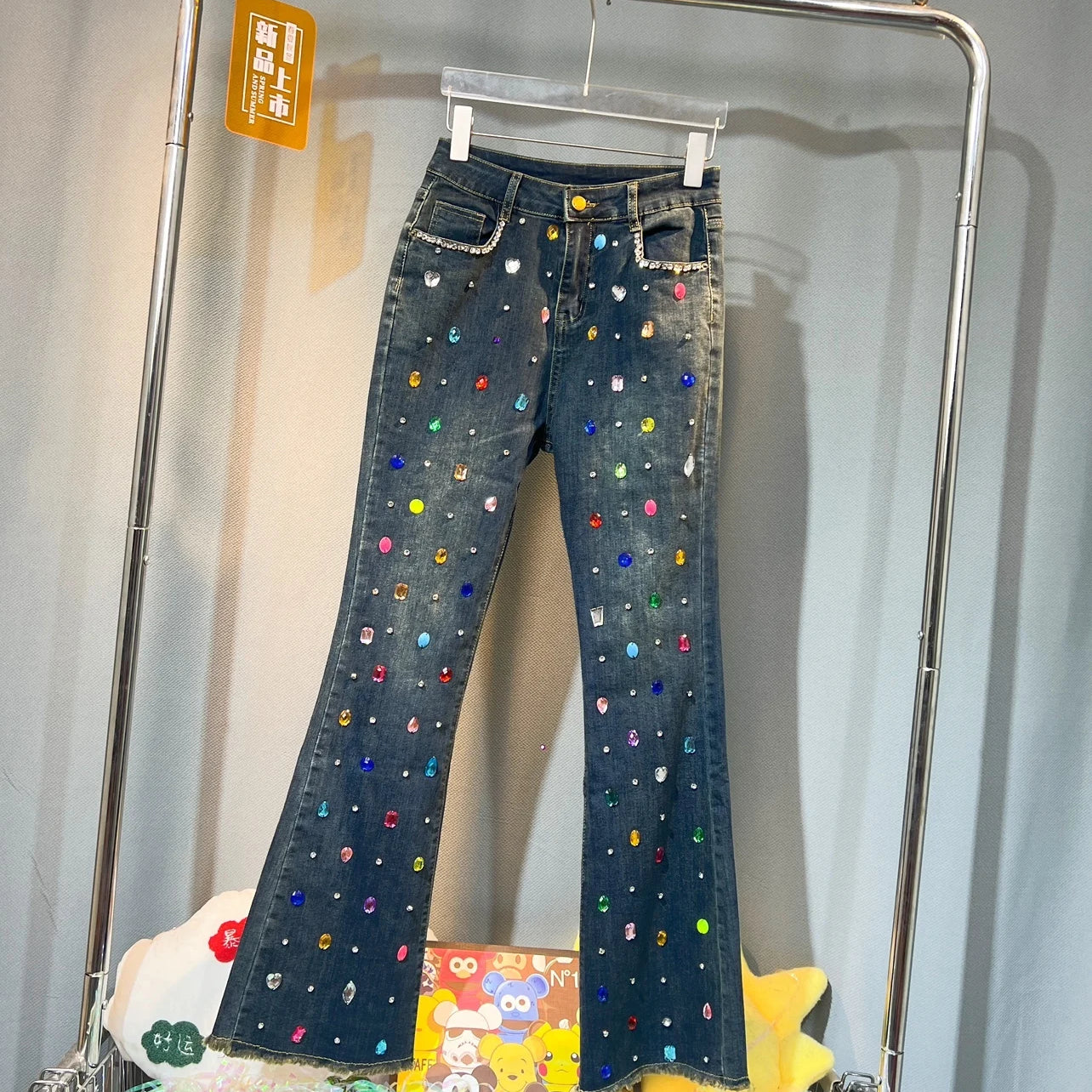 Niche Design Exquisite Rhinestone Beaded Bell-Bottom Denim Pants Women's Autumn and Winter Slimming Skinny Jeans High Waist