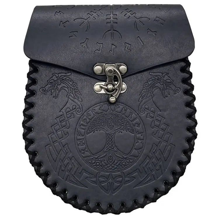 Leather Medieval Waist Pack, Vintage Handwork Belt Pouch Waist Bag Leather Belt Pouch Medieval Pouch Nordic Embossed Bag black1