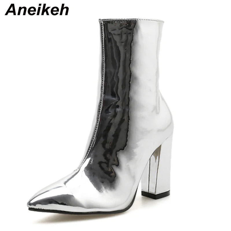 Spring Fashion Silver Patent Leather Women Ankle Boots Pointed Toe Square High Heels Shoes Chelsea Botas De Mujer Silvery