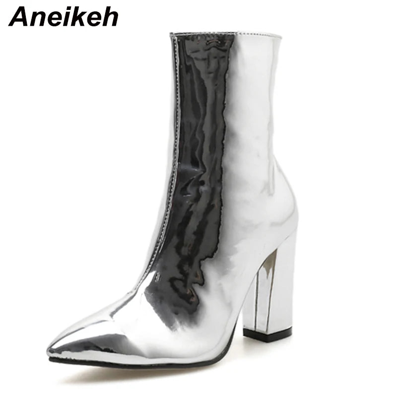 Spring Fashion Silver Patent Leather Women Ankle Boots Pointed Toe Square High Heels Shoes Chelsea Botas De Mujer Silvery
