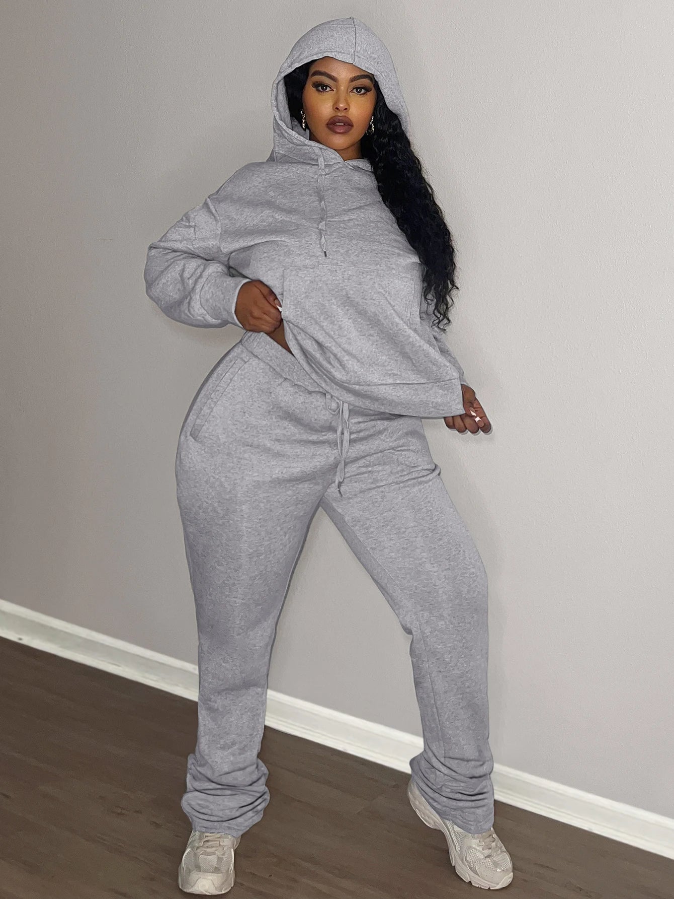 LW Plus Size Two pieces sets Hooded Collar Kangaroo Pocket Hoodie Top + Stacked pants sets casual Tracksuit Set for Autumn winte