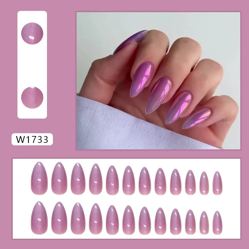 24pcs Shiny Green Cat Eye False Nails Cute Seal Print Fake Nails Tips Wearable Reusable Glossy Short Round Press on Nails