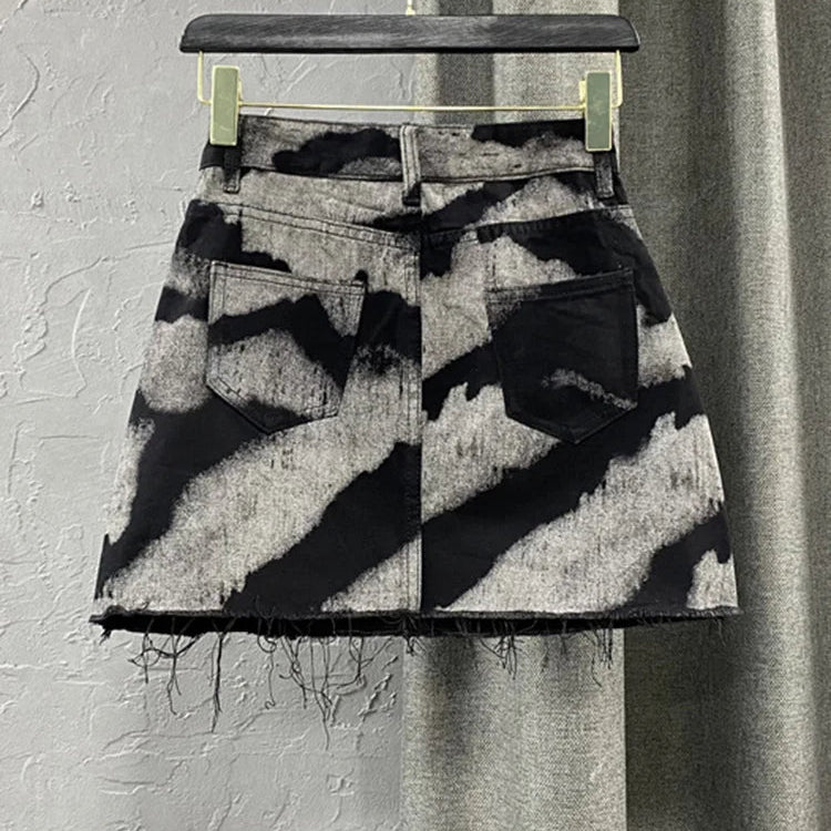DEAT Streetwear Contrast Color Print Burrs Denim Skirt Women's High Waist Loose Trend A-line Skirts Summer New 17A2006H