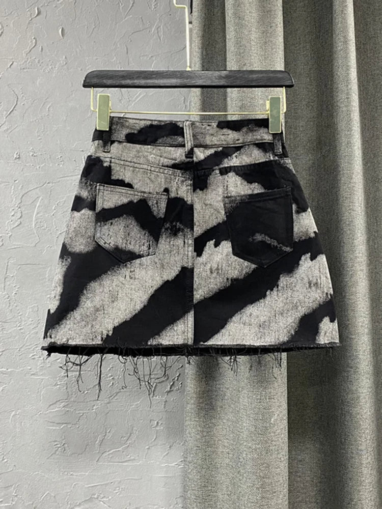 DEAT Streetwear Contrast Color Print Burrs Denim Skirt Women's High Waist Loose Trend A-line Skirts Summer New 17A2006H