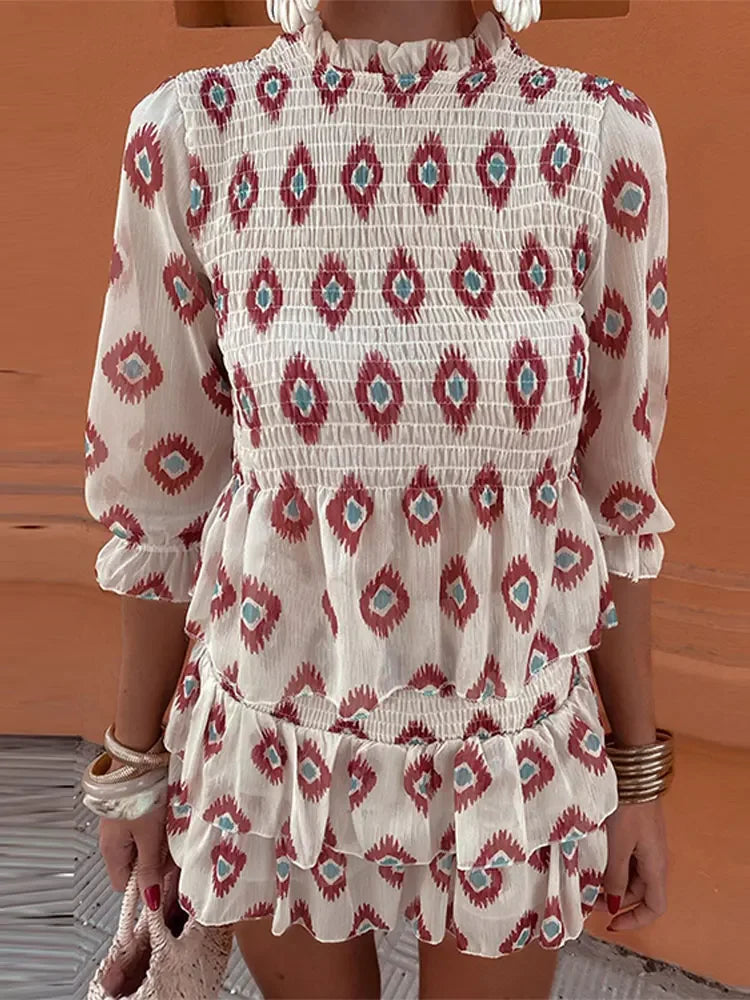 Woman Casual Printed Slim Shirt Short Skirt 2 Piece Set Puff Half Sleeve T-shirt High Waist Pleated Mini Dress Suit Outfit