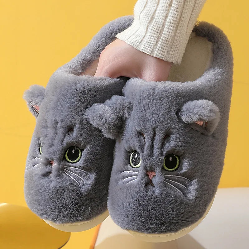 Lovely Cute Cat Slippers Fluffy Furry Women Home Platform Slippers Men Winter Plush Slides Indoor Fuzzy Slippers Cotton Shoes