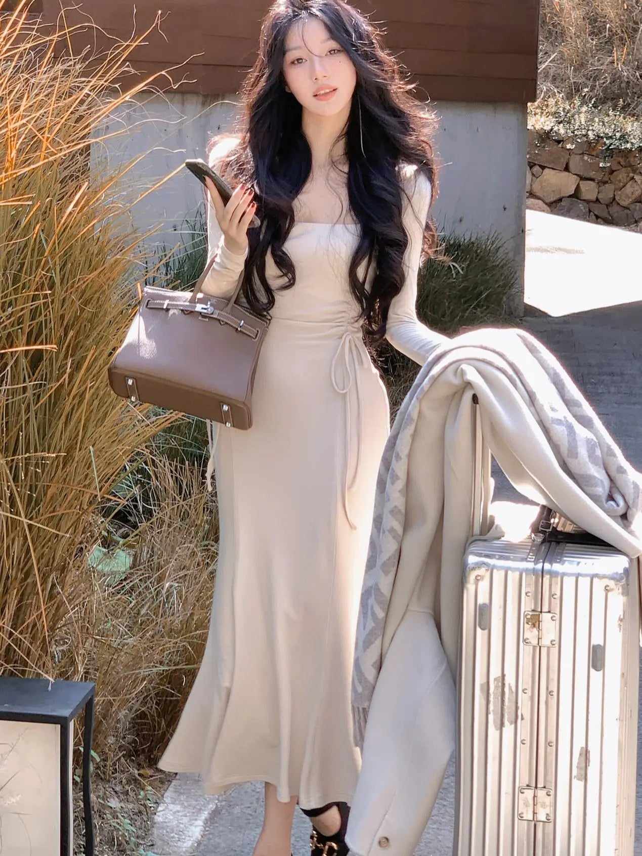 Fashion Women Midi Bodycon Dress Autumn New Drawstring Casual Slim Elegant Party Vestidos Female Chic Prom Birthday Long Robe Beige