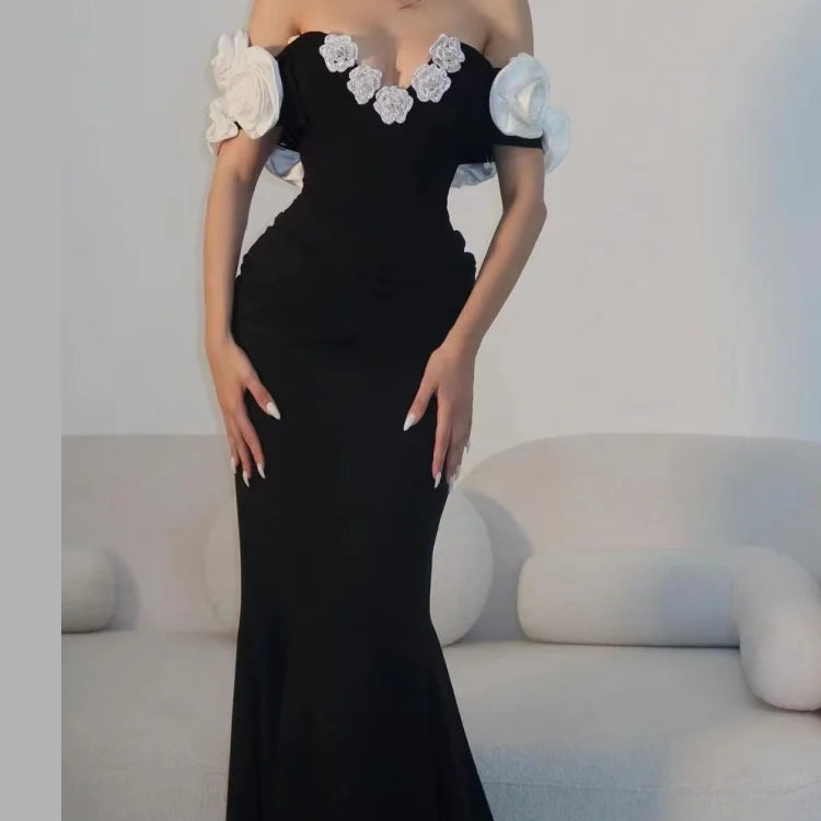 Stereoscopic Diamond Flowers Sexy Off The Shoulder Ankle Lenght Bandage Dress Woman Birthday Party Vestido Wedding Party Outfit