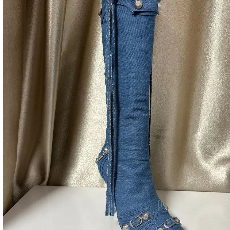 Paris Station Fashion Women's Boots Denim Pointed High Heel Boots Sexy Rivet Boots Show Party Over Knee 46 Large Boots cowboy