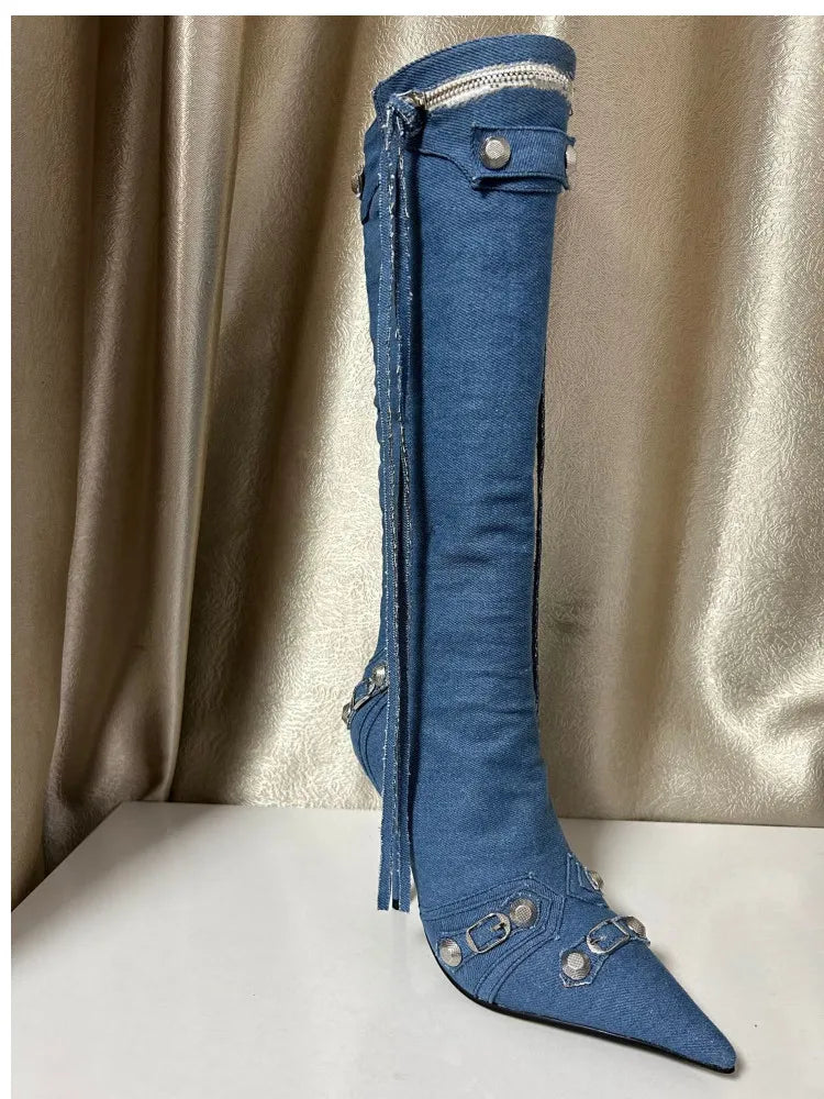 Paris Station Fashion Women's Boots Denim Pointed High Heel Boots Sexy Rivet Boots Show Party Over Knee 46 Large Boots cowboy