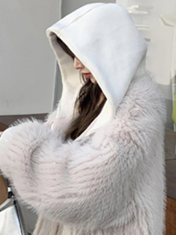 Autumn Winter Loose Casual Hairy Shaggy Soft Warm Faux Fur Coat Women with Hood Long Sleeve Zipper Korean Fashion 2022