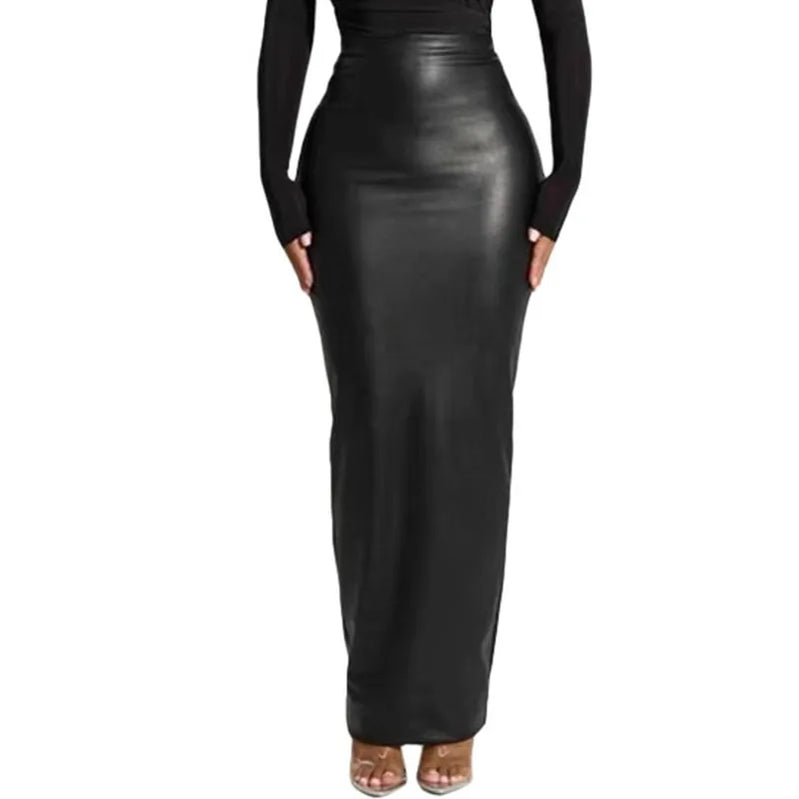 Mutevole Sexy Pu Leather Full Zipper Long Skirt Women Black Faux Leather High Split Slim Fit Maxi Skirt