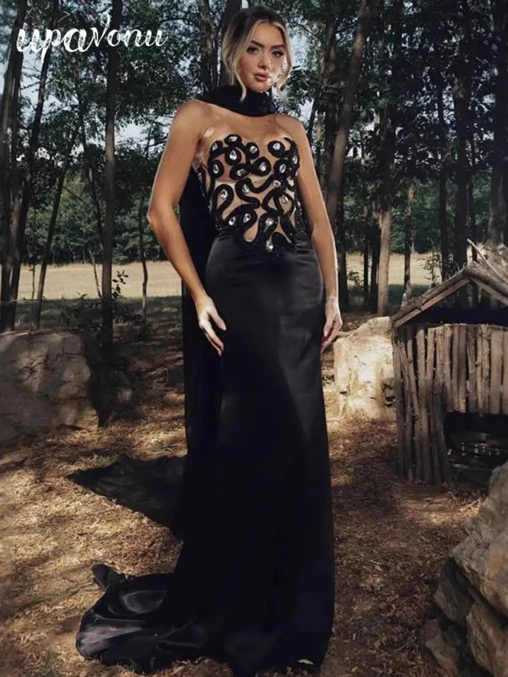 2025 Elegant Women's Light Luxury Nail Bead Patchwork Bandage Dress+Scarf Strapless Sleeveless Bodycon Long Dress Party Vestidos