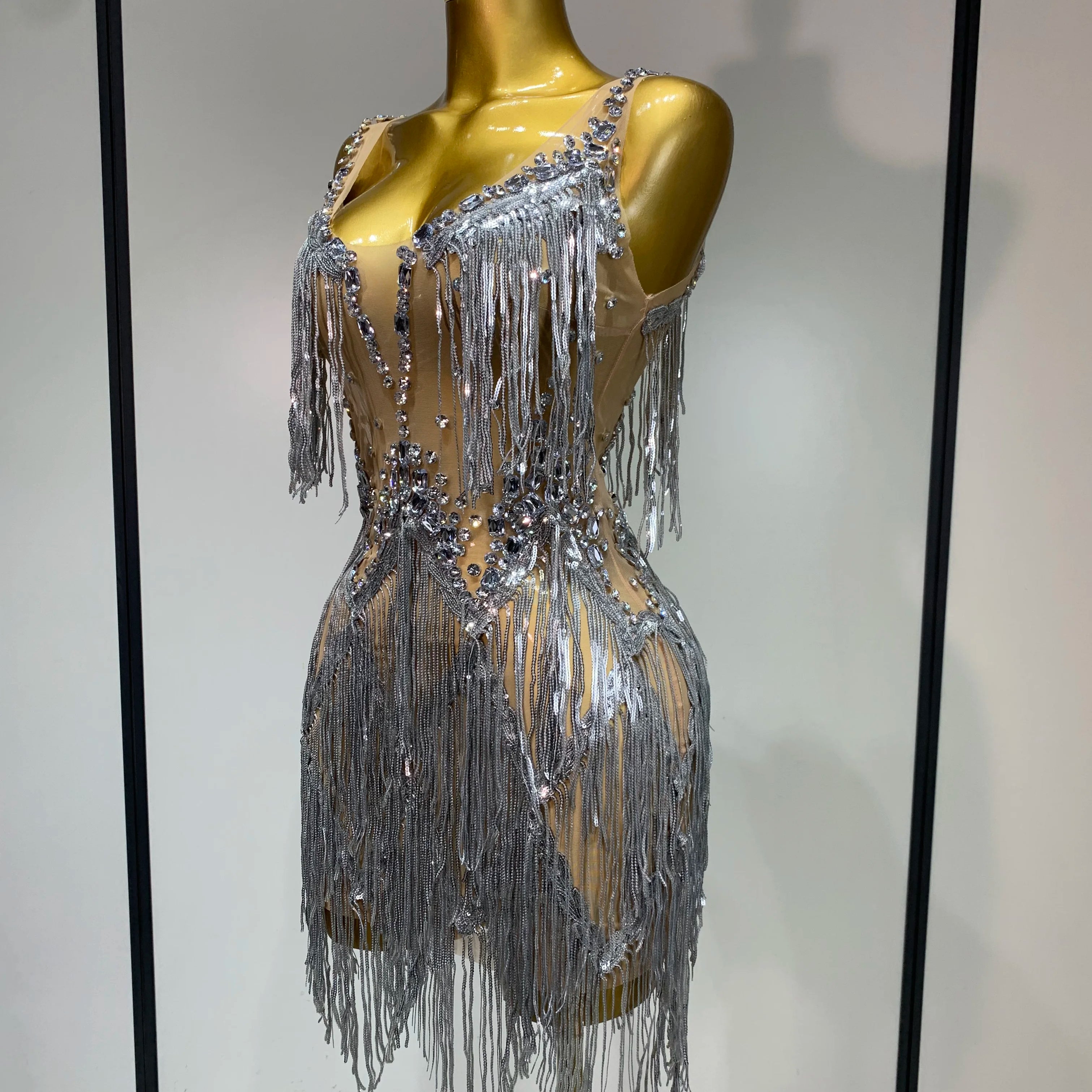 Sparkly Rhinestone Tassels Sexy Mesh See Through Dress 2025 Women Evening Party Luxury Birthday Nightclub Perform Stage Costume