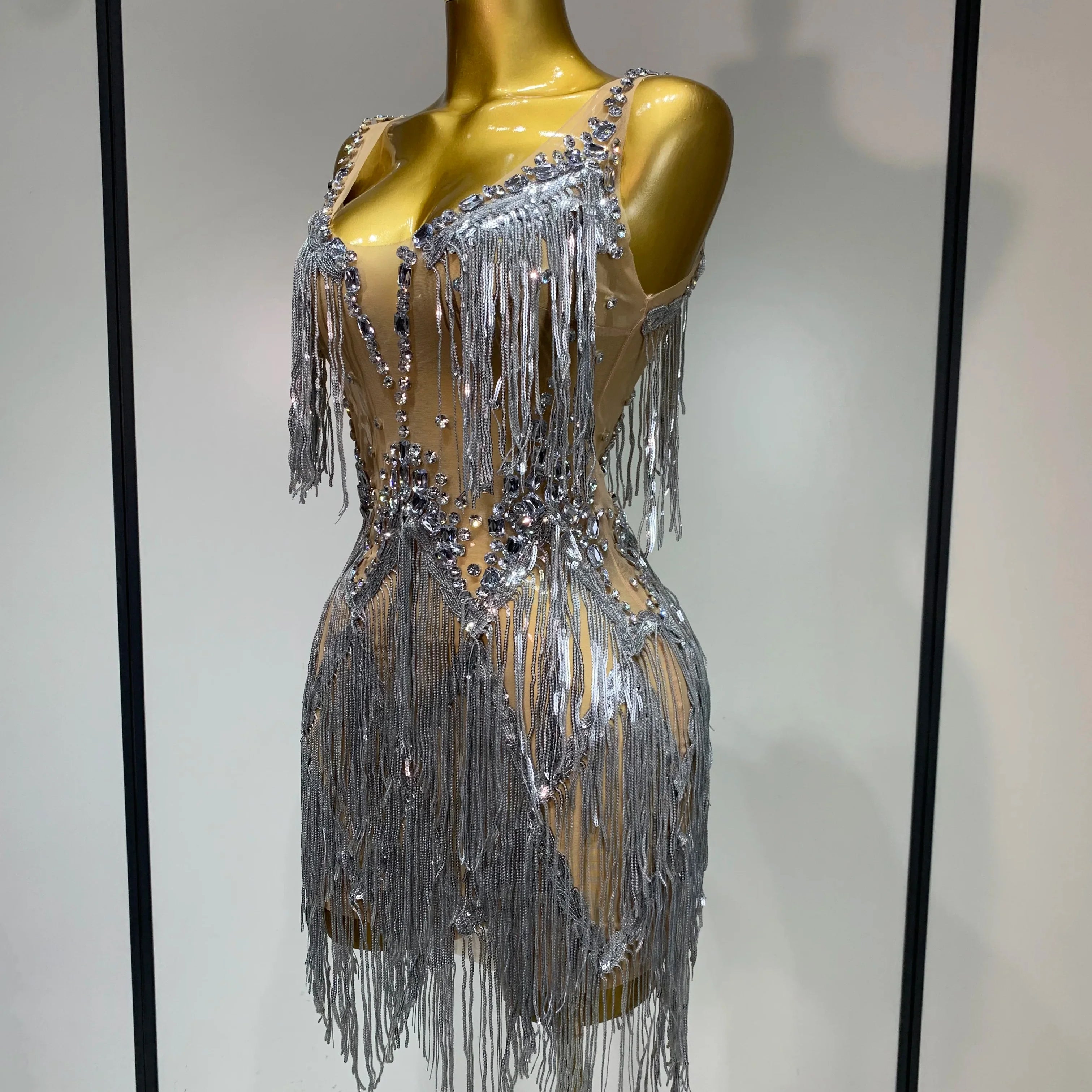Sparkly Rhinestone Tassels Sexy Mesh See Through Dress  Women Evening Party Luxury Birthday Nightclub Perform Stage Costume