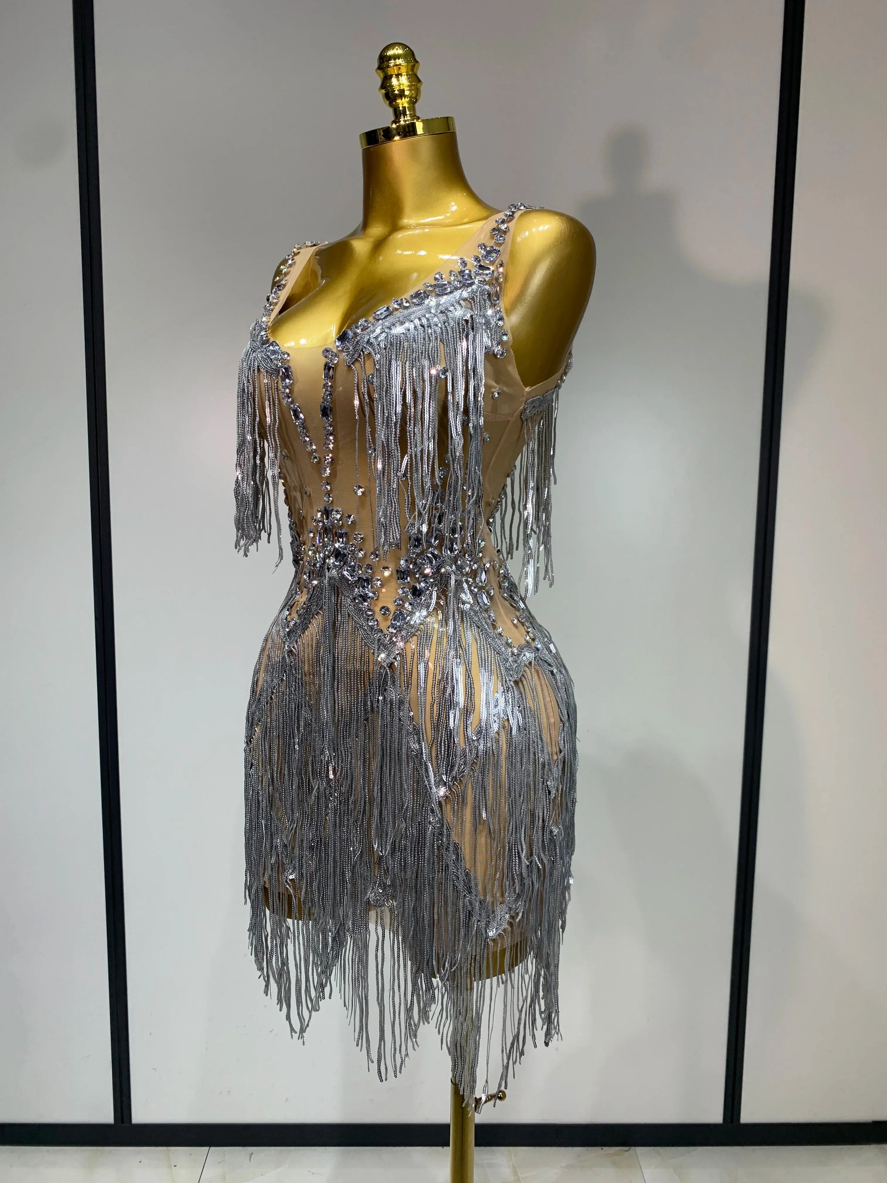 Sparkly Rhinestone Tassels Sexy Mesh See Through Dress  Women Evening Party Luxury Birthday Nightclub Perform Stage Costume