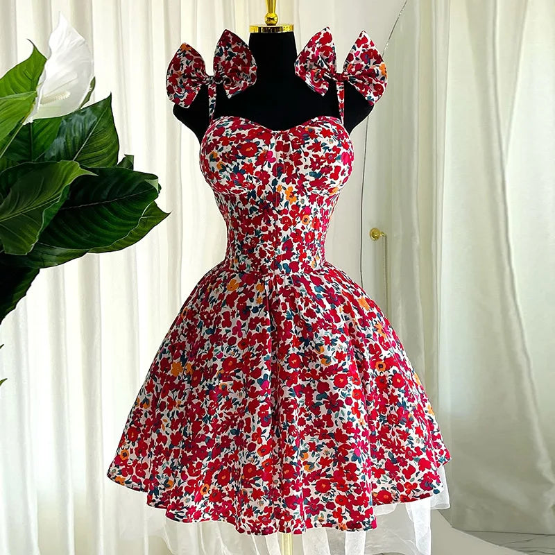 CM.YAYA Women Floral Printed Sleeveless Bowknot Strap Big Swing Mini Dress 2025 Evening Sexy Beach Party Birthday Street Dresses