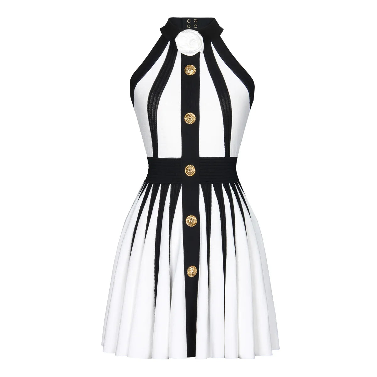2022 New Gloden Buttons Flower Halter Sleeveless White Patchwork Black Mini Evening Dress Graceful Woman Evening Party Outfit