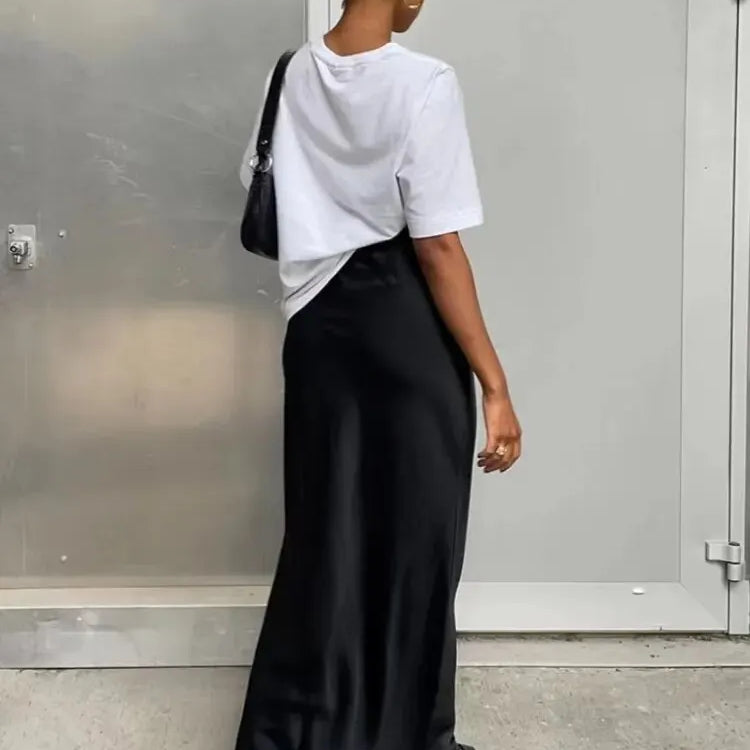 Women's Black Elegant Satin Fashion Slim Skirts Four Seasons Casual High Waist Club Office Maxi Skirt