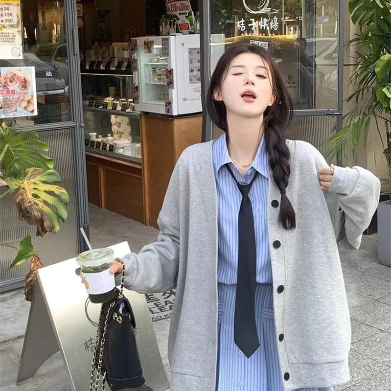 New Explosive JK Coat Top College Style Grey V-neck Cardigan Hoodie Women's Autumn/Winter Plush Korean Series Women