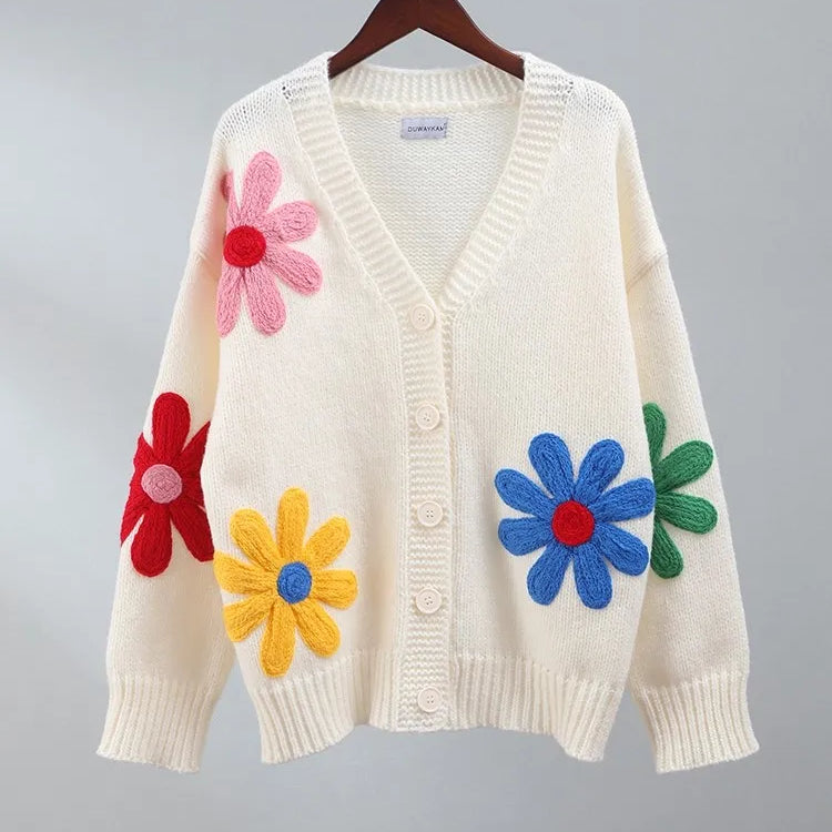 Vintage Flower Embroidery Sweater Women Loose Long Sleeve O-neck Knitted Pullover Autumn Female Thick Casual Streetwear