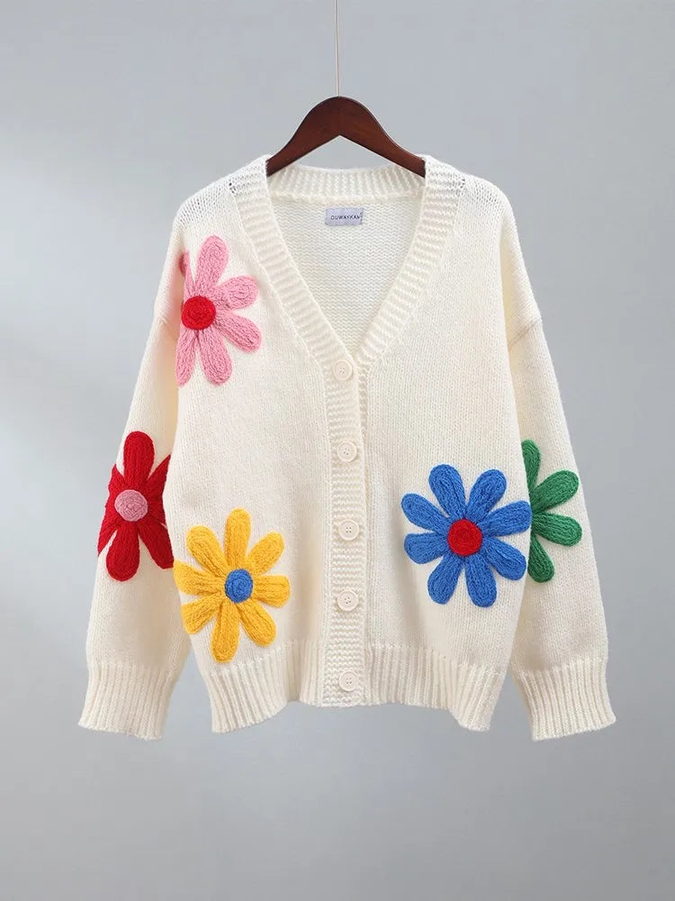 Vintage Flower Embroidery Sweater Women Loose Long Sleeve O-neck Knitted Pullover Autumn Female Thick Casual Streetwear