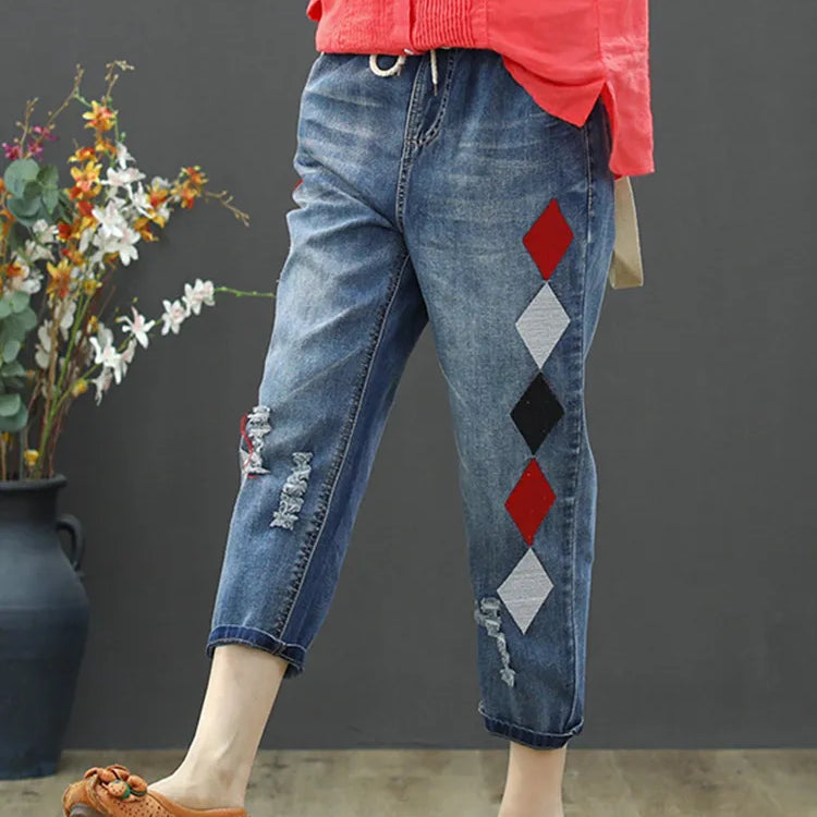 Autumn Ladies Luxury Embroidery Jeans Womens Fashion Vintage Ripped Denim Trousers Loose Holes Elastic Harem Pants Blue