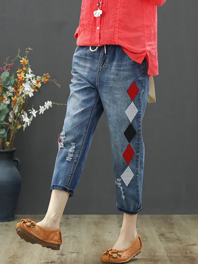 Autumn Ladies Luxury Embroidery Jeans Womens Fashion Vintage Ripped Denim Trousers Loose Holes Elastic Harem Pants Blue