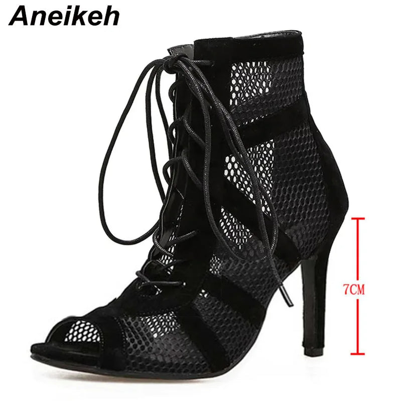 Black Mesh Women's Boots Fashion Peep Toe Lace-up High Heels Women Transparent Ankle Boots Female Sandals Pumps Dress 7cm-Black