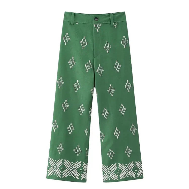 TRAF Women Fashion Embroidery Linen Straight Pants Vintage High Waist Zipper Fly Female Ankle Trousers Mujer
