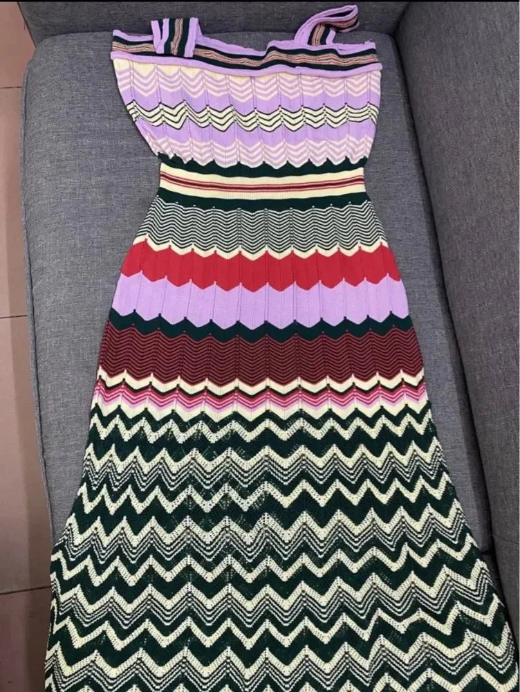 Bohemian Style Sleeveless Knitted Dress for Women, Slim Long Dresses, Geometric Pattern, Summer Party Dress, SL297, New