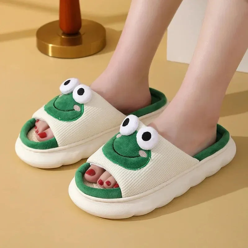 Men Women Home Linen Slippers Four Seasons Adults Home Sandals Couples Cute Frog Shoes Soft Cartoon Flip Flops Indoor Slides A