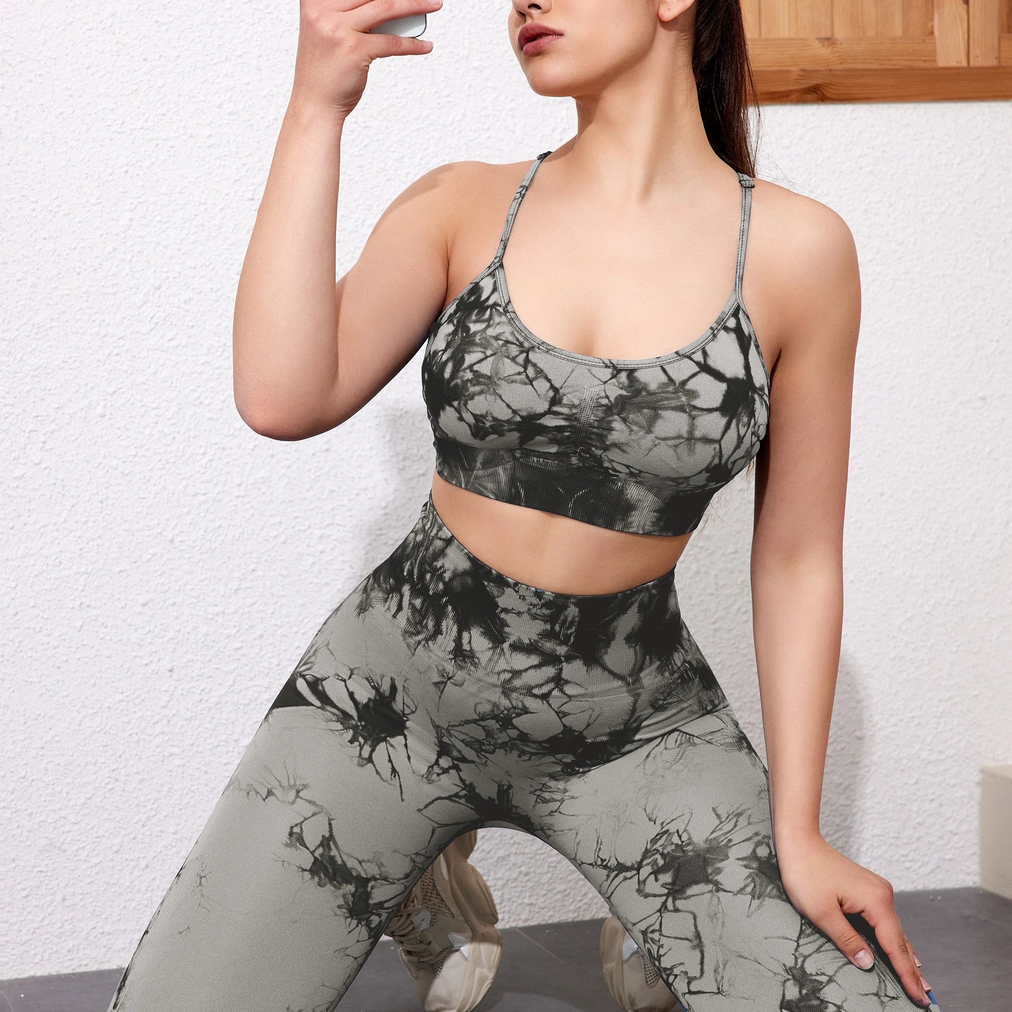 SALSPOR 1/2/3Pcs Tie Dye Seamless Butt Lifting Women Gym Set Stretch Running Outdoors Sport Yoga Outfit for Woman Skinny Shorts