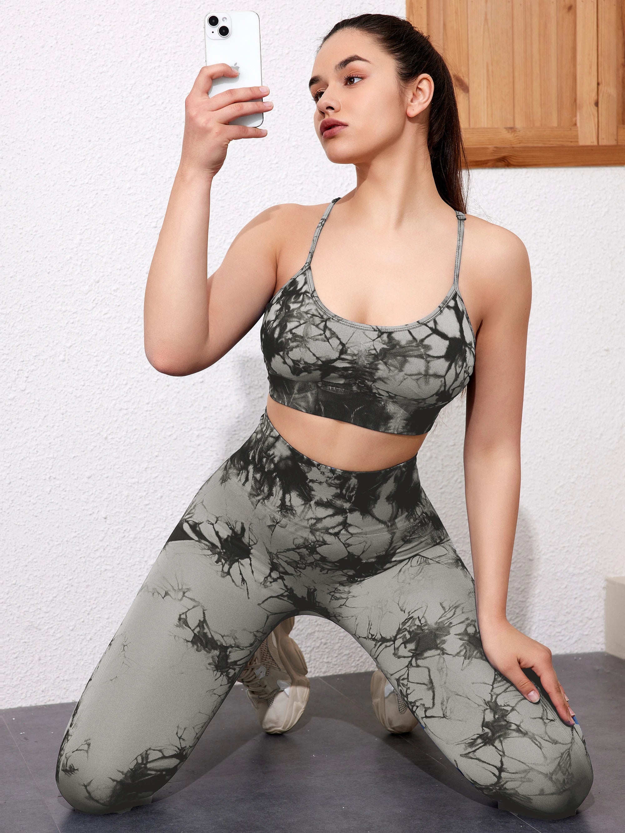 SALSPOR 1/2/3Pcs Tie Dye Seamless Butt Lifting Women Gym Set Stretch Running Outdoors Sport Yoga Outfit for Woman Skinny Shorts