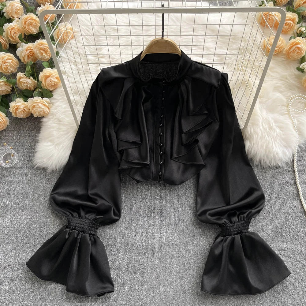 Satin Loose Shirt Long Flared Sleeves Ruffles O Neck Beading Women Gentle Office Lady Casual Blouse black One Size