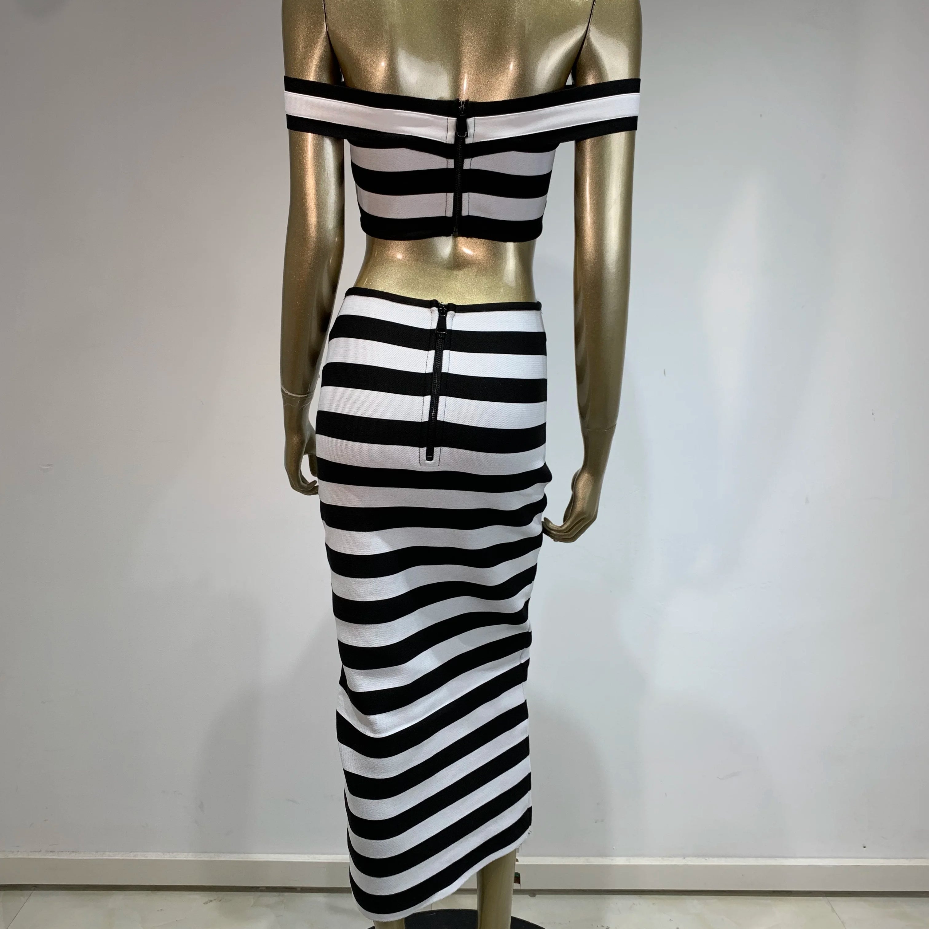 Women Celebrity Sexy Off Shoulder Striped Button Black White Bandage Skirt Set 2024 Knitted Elegant Evening Club Party Clothing