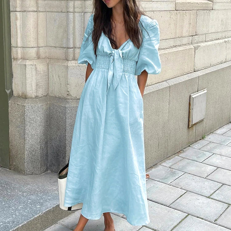 OOTN Sexy High Waist A Line Dresses Spring Elegant Blue Pleated Short Sleeve Dress Women Vintage Cotton Linen Summer Dress 2024