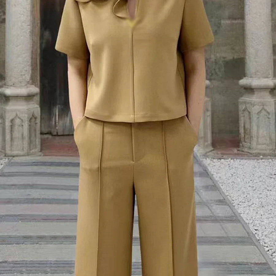 Solid Elegant Two Piece Sets for Women Lapel Short Sleeve Spliced 3D Flower Top High Waist Wide Leg Pant Set Female