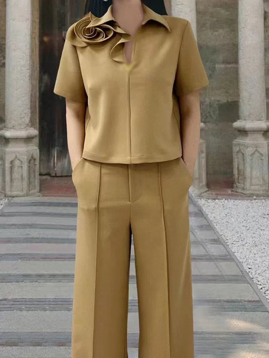 Solid Elegant Two Piece Sets for Women Lapel Short Sleeve Spliced 3D Flower Top High Waist Wide Leg Pant Set Female