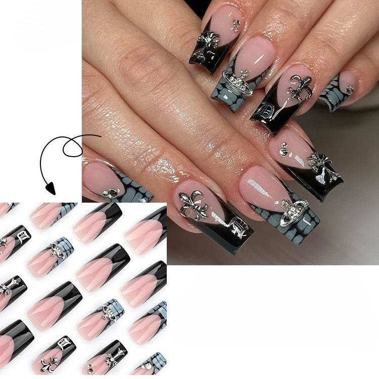 24pcs French Black Crocodile Pattern Beautiful Cross Press on Nail Tips Artificial Fake Nails Seamless Removable False Nails