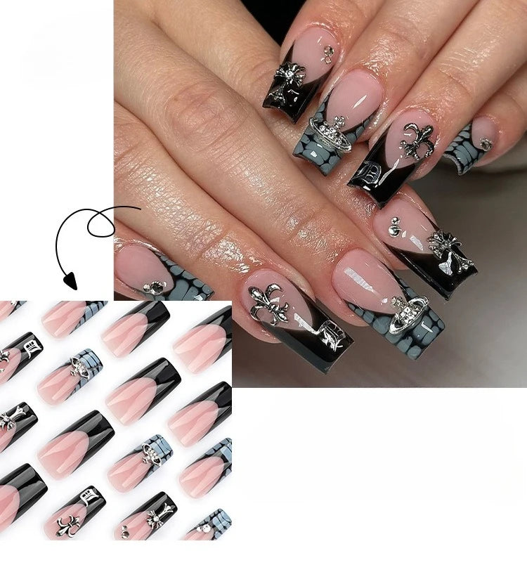 24pcs French Black Crocodile Pattern Beautiful Cross Press on Nail Tips Artificial Fake Nails Seamless Removable False Nails