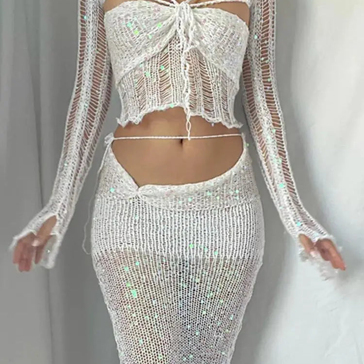 Sequins Knitted Hollow Out Two Piece Set Women Long Sleeve Cropped Top Midi Bodycon Skirt Summer Chic Beach Female Outfits