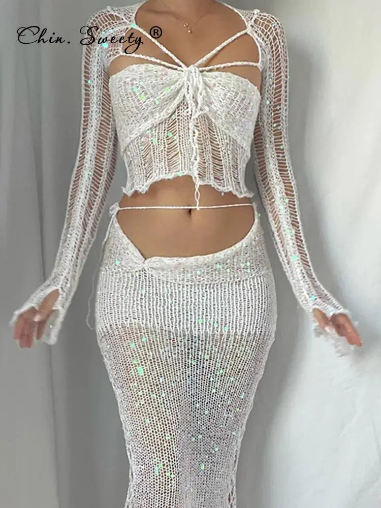 Sequins Knitted Hollow Out Two Piece Set Women Long Sleeve Cropped Top Midi Bodycon Skirt Summer Chic Beach Female Outfits