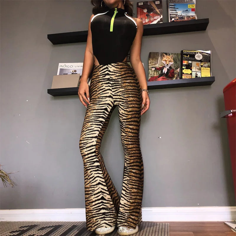 Lygens High Waist Leopard Tiger Print Flare Leggings Women Design Sexy Trousers Club Flare Legs Pants Casual Women Clothing tiger