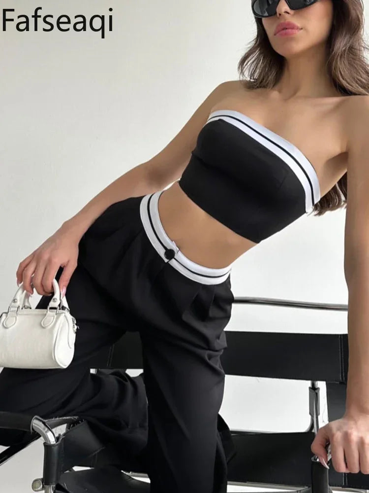 Black Women's Tracksuit with Boob Tube Top Slash Neck Contrast Color Wide Leg Trousers Suit for Women Sexy Two Piece Set Outfit