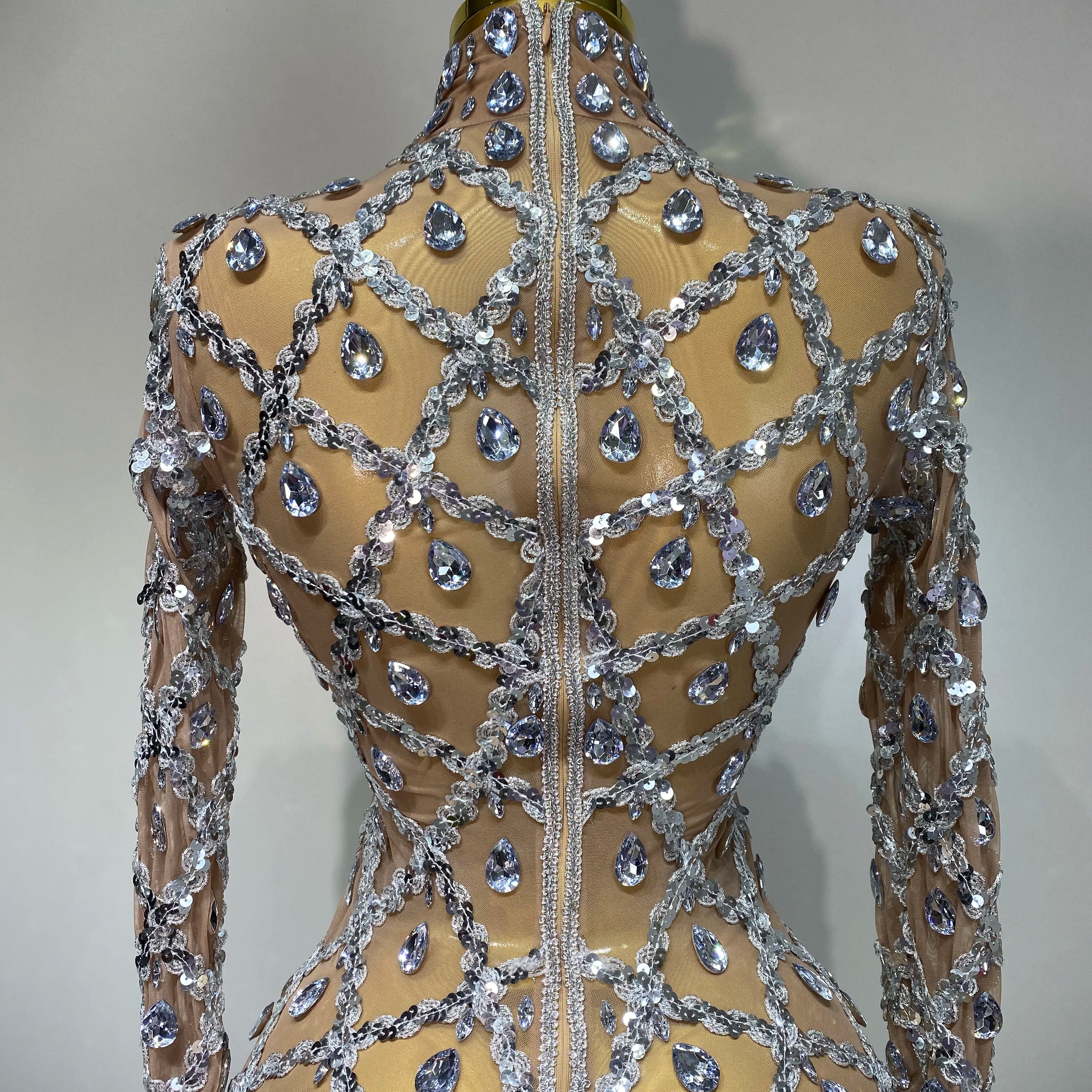 Women Sexy Luxury Birthday Dress Stage Shining Rhinestone Sequin Long Dress Evening Prom Gown Transparent Singer Club Host Dress