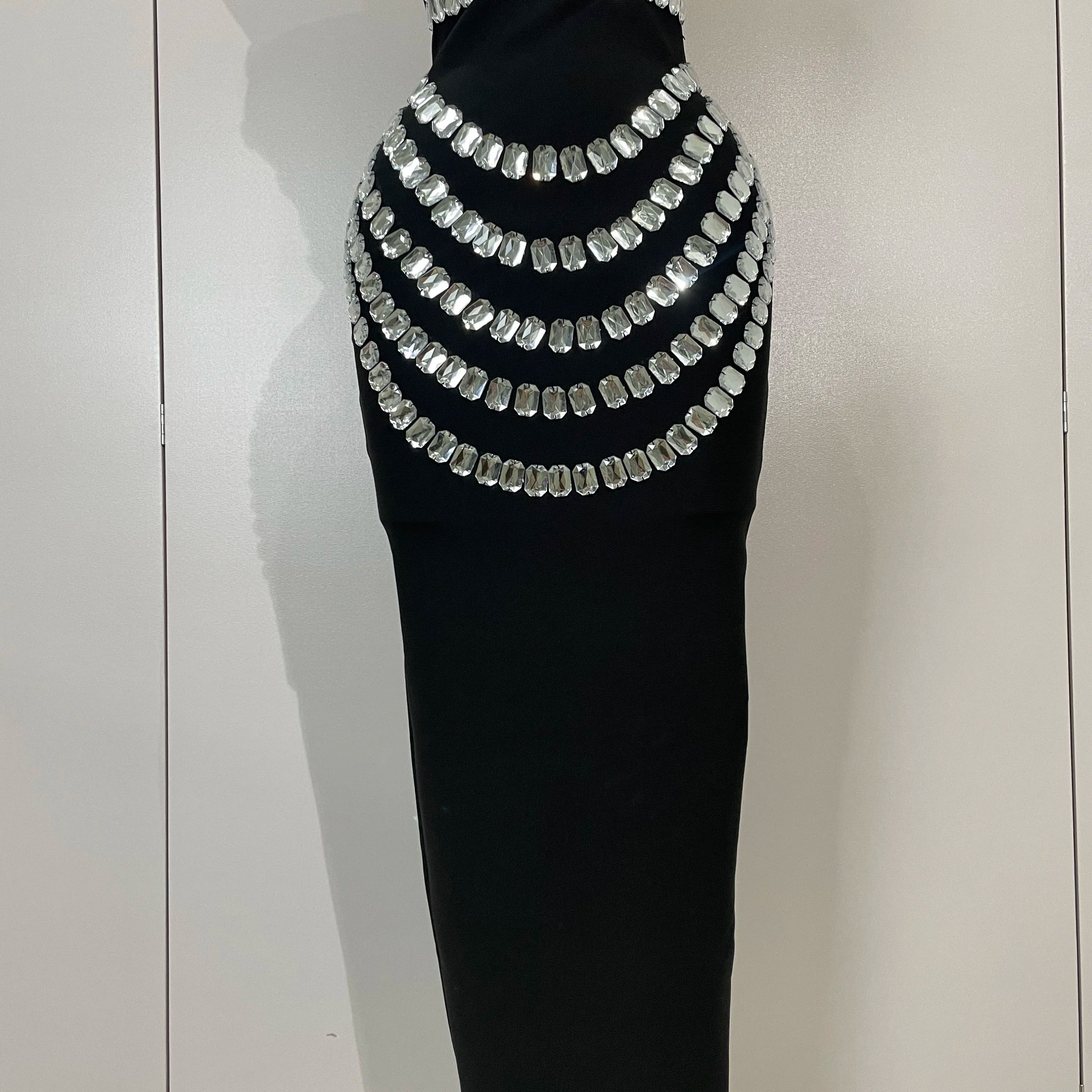 2025 Women Sexy Backless Strapless Black Beading Long Bandage Bodycon Dress  Celebrity Elegant Evening Luxury Birthday Dresses