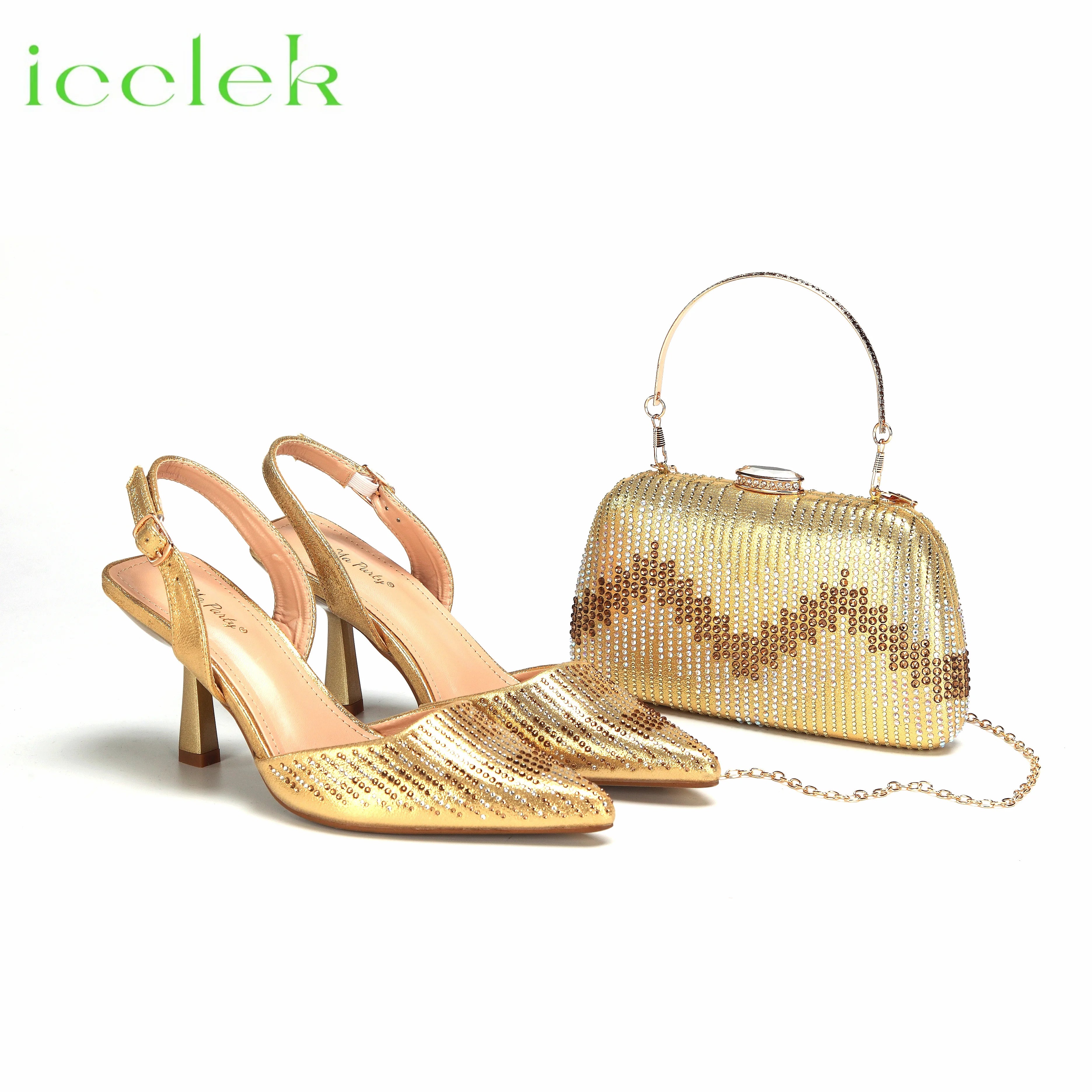 Orange Color Pointed Toe Decorated with Bling Bling Rhinestones Design Ladies Shoes Matching Bag Set For Party Gold