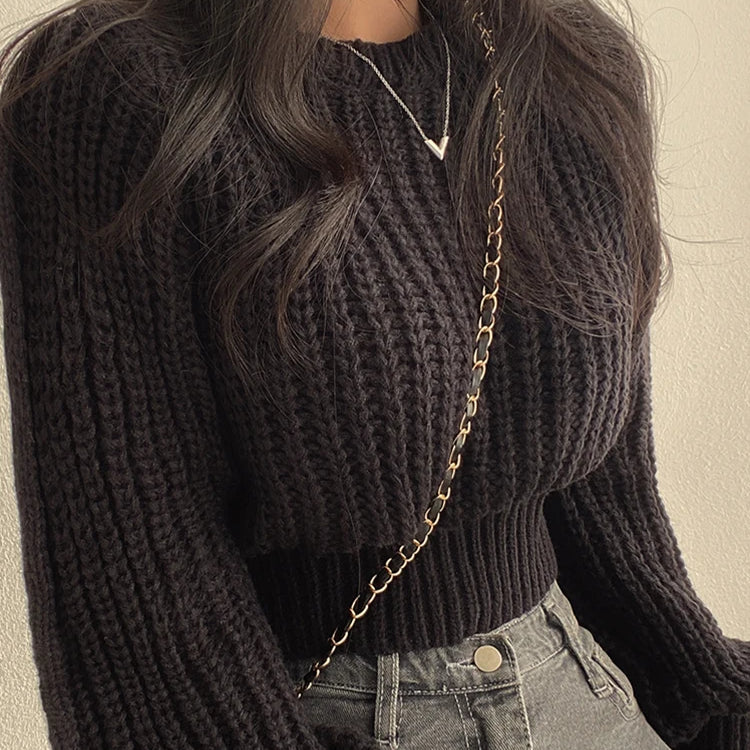 Vintage Harajuku Lantern Long Sleeve Women Sweater Casual Korean Autumn Winter Knitwear Soft Warm Tops Chic Solid Femme Sweater