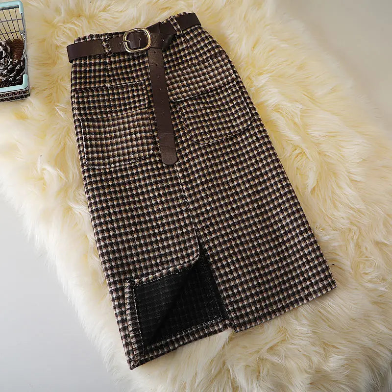 HI-FASHION Woolen Plaid Skirt Female Autumn New High Waist Pocket Split Mid-length Skirts Korean Winter One-step Plus Size Skirt Coffee